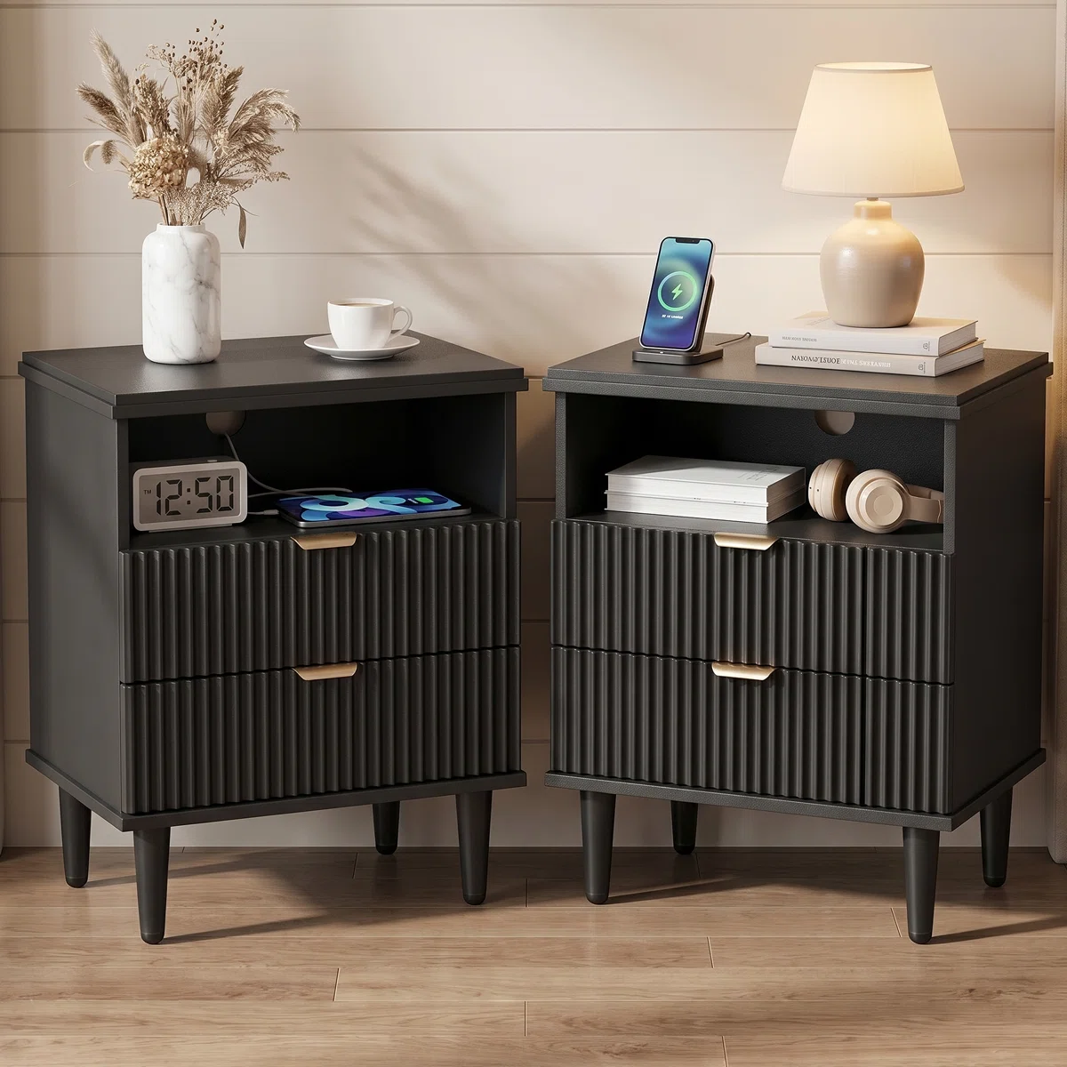 Fluted Nightstand Set of 2 with Charging Station, 23.3'' W End Table with 2 Storage Drawers and Metal Legs, Modern Wood Bedside Table for Bedroom