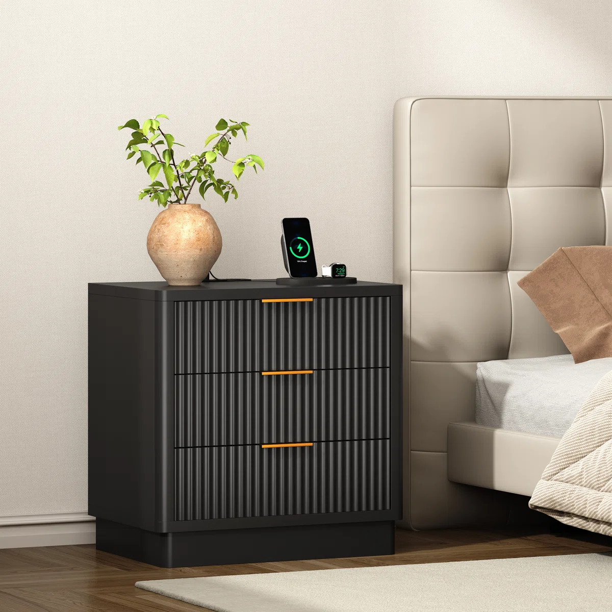 23.6" W 3-Drawer Nightstand with Charging Station