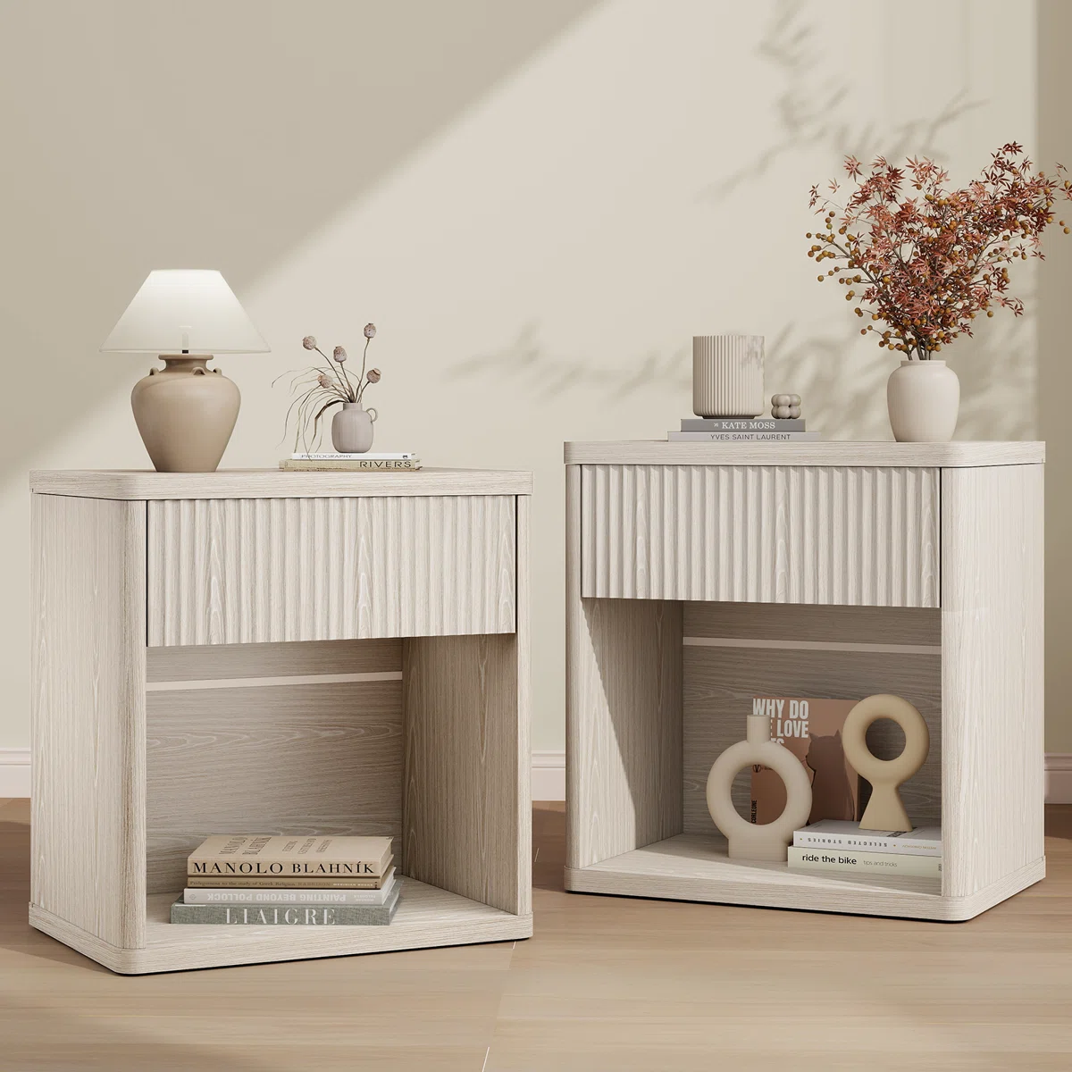 Modern Fluted Nightstand Set Of 2 – Mid-Century Bedside Tables With Drawer & Open Storage – Large Wide End Table For Bedroom & Living Room