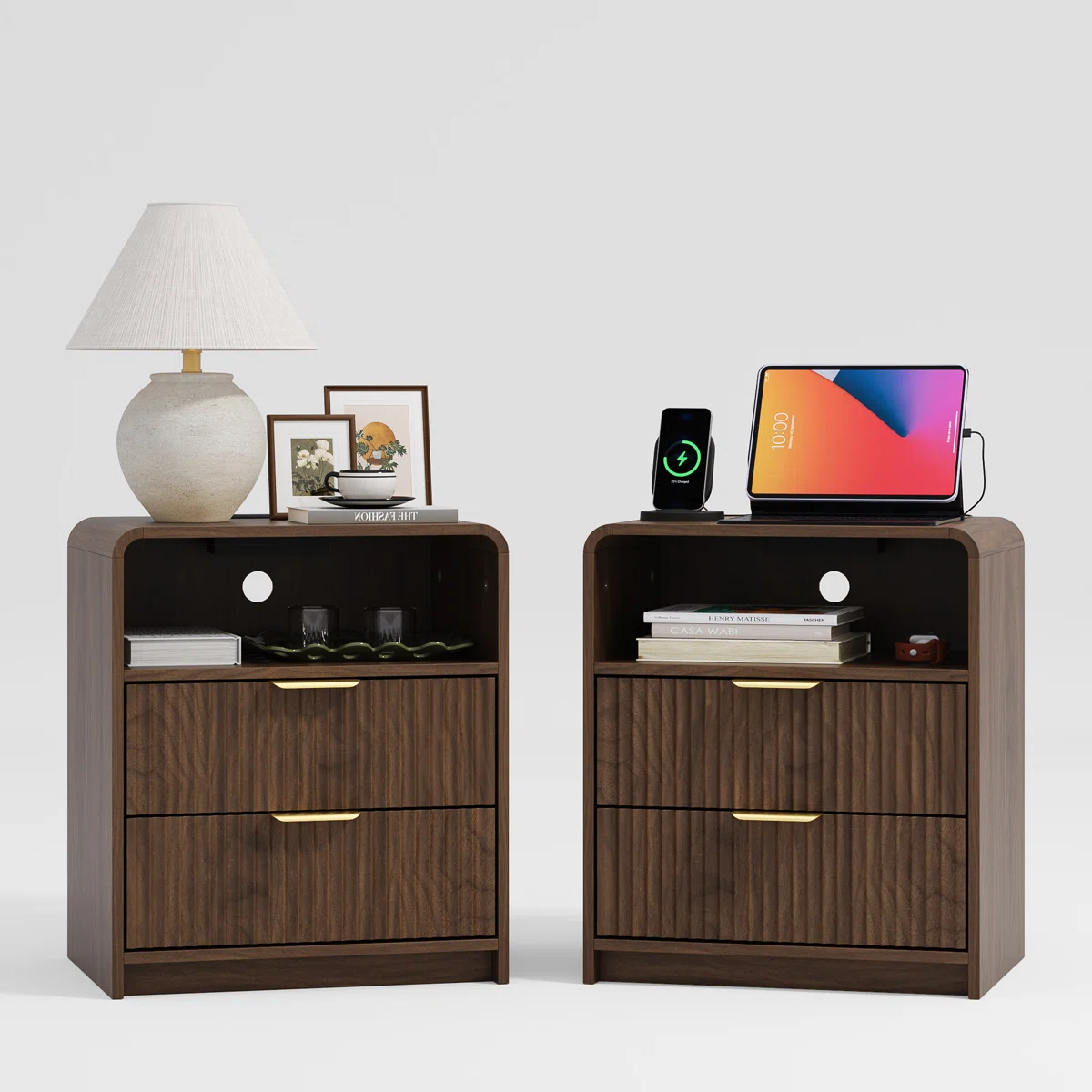 Avalie Fluted Nightstand Set Of 2, Scalloped Edges, Bedside Table with Cable Management & Built-in Outlet