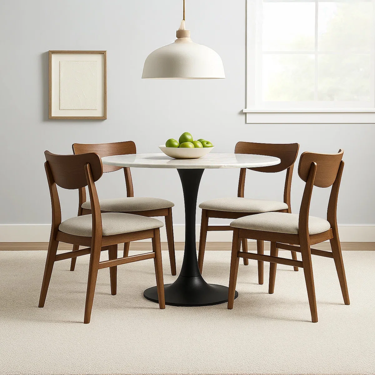 Mara Dining Table | 30 Inch Round White Genuine Marble Top | Black Metal Tulip Pedestal Base