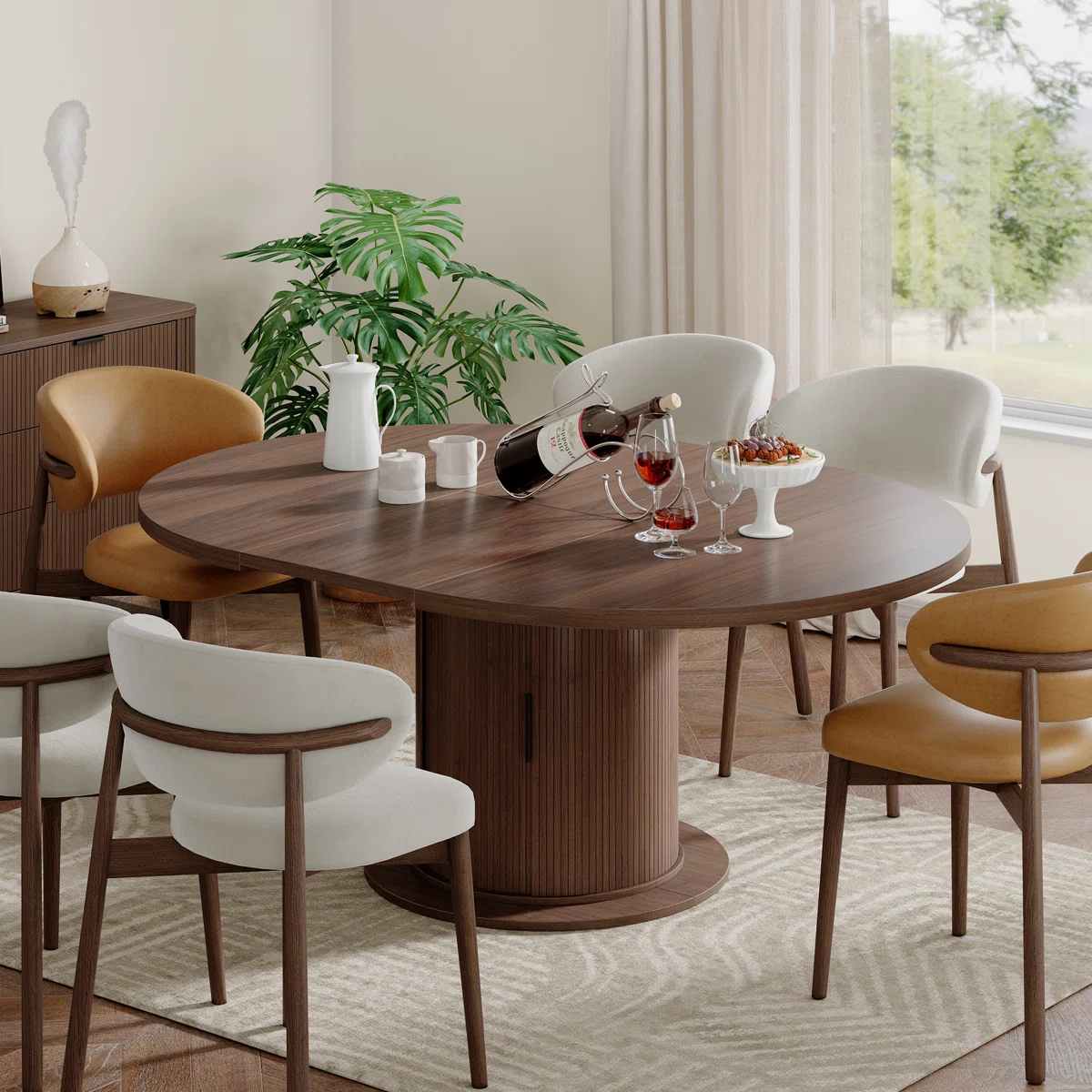 47”-63” Extendable Round Dining Table For 4-8, Oval Kitchen Dining Room Table With Storage, Mid Century Modern Pedestal Dinner Table, Walnut Brown