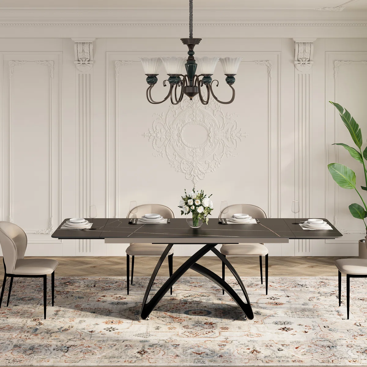 63''-94.5'' Extendable Rectangular Sintered Stone Dining Table Steel Legs, Black Modern Dining Table with Adjustable Foot Pads Seat 6-8
