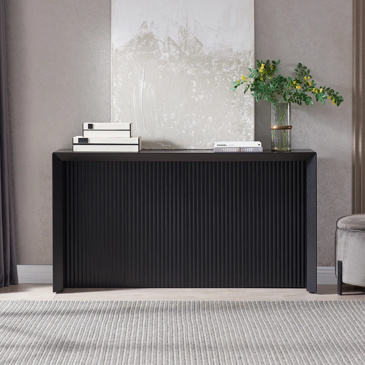 Piedmont 56" Fluted Console Table with Solid Base in Black Grain | Mid-Century Modern Entryway Table for Living Room or Hallway