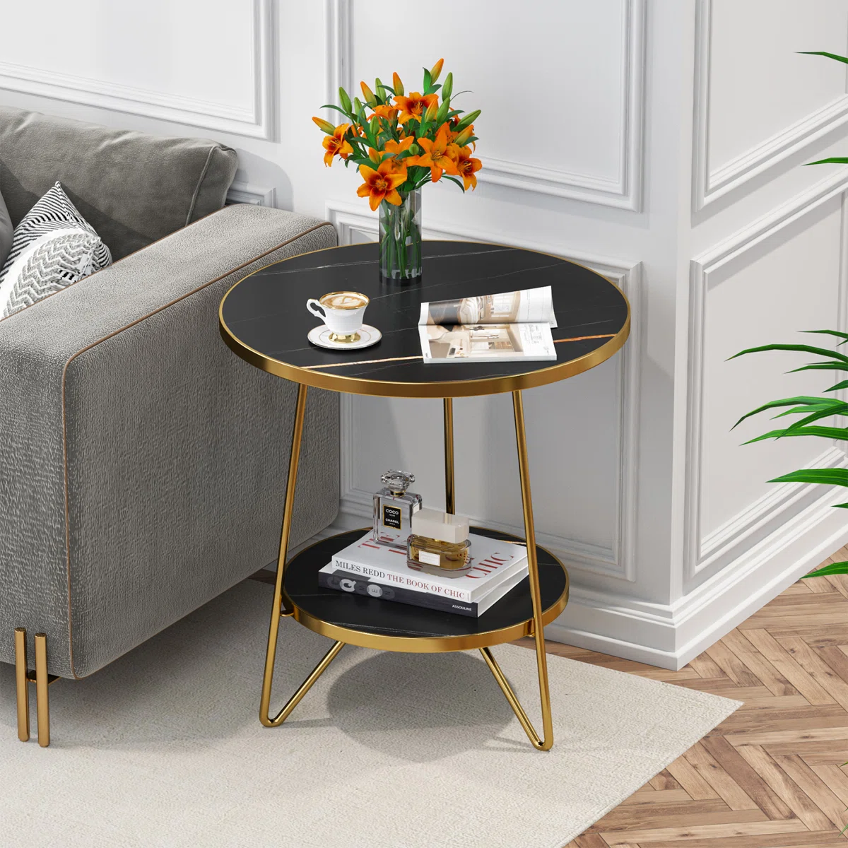 Oni Faux Marble End Table with Storage Shelf
