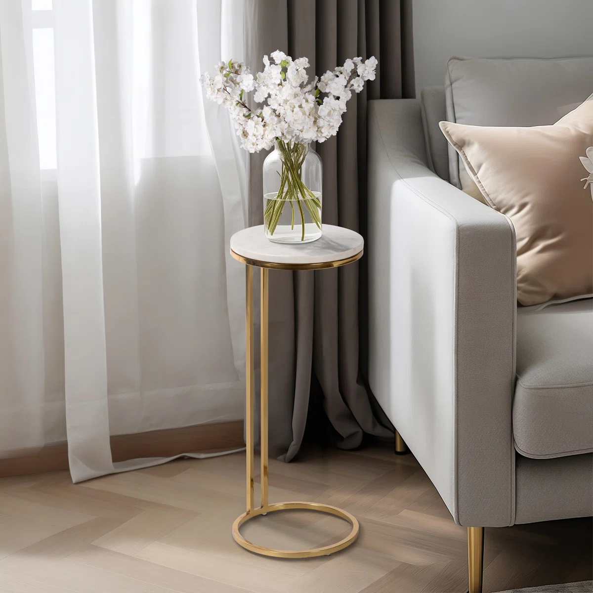 Marble Top Gold End Table – Elegant Small Side Table for Living Room, Bedroom or Office, White and Gold,24"