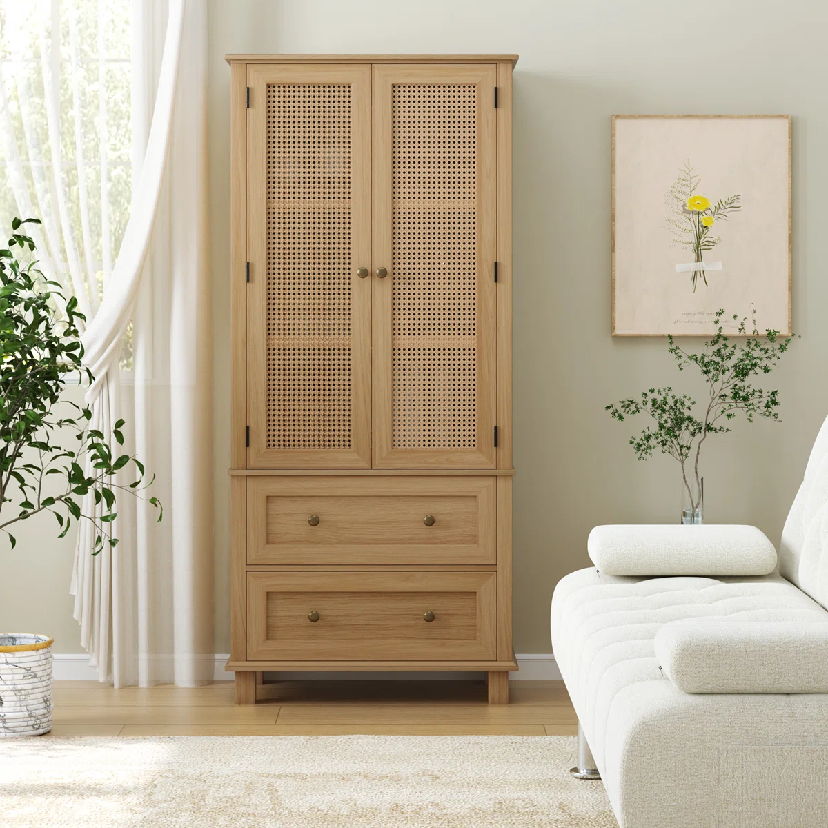 Wooden Accent Cabinets with Cabinet and 2 Drawers, Tall Rectangle Locker With Faux Rattan And Faux Solid Wood Surface, Mid-Century Modern White or Farmhouse