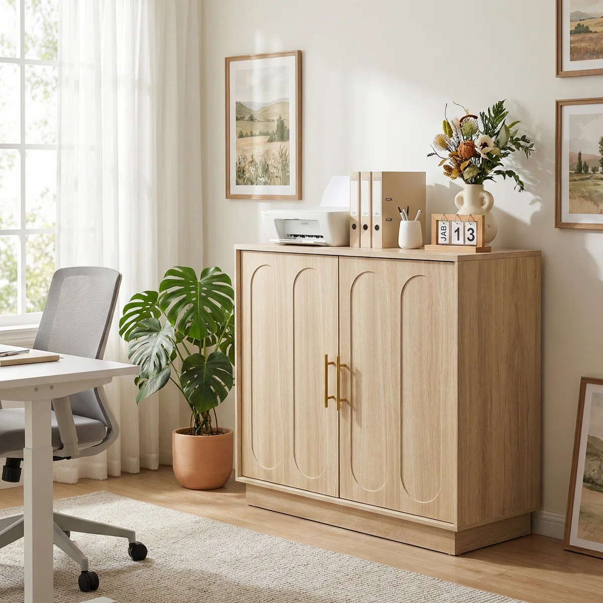 31.5" Modern 2 Door Storage Cabinet, Light Oak Sideboard Buffet Cabinet With Gold Handles, Fluted Wood Accent Cabinet For Living Room, Kitchen