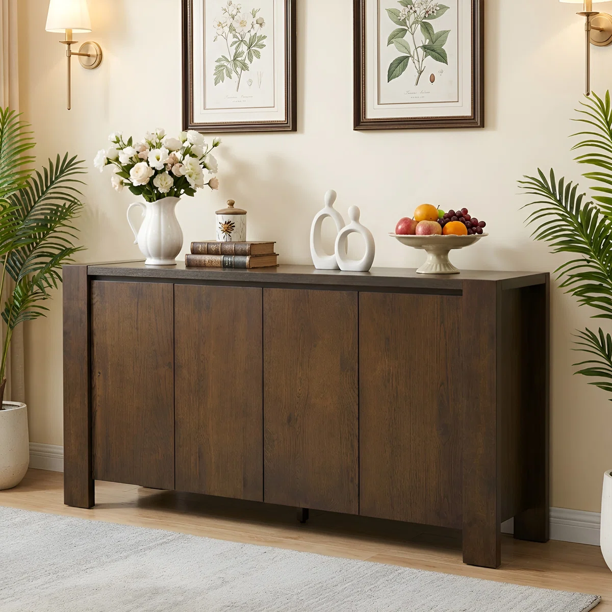 Buffet Storage Cabinet For Dining Room, Kitchen, Wood 4-Door Sideboard With 4 Compartments