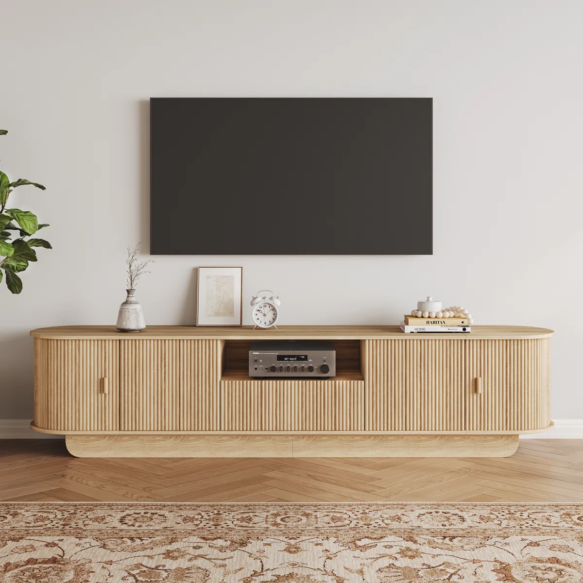 86.6" Curved TV Stand for 85 Inch TV, Entertainment Center with Storage, Fluted Media Console with Sliding Doors, Mid Century Modern TV Consoles for Living Room, Bedroom