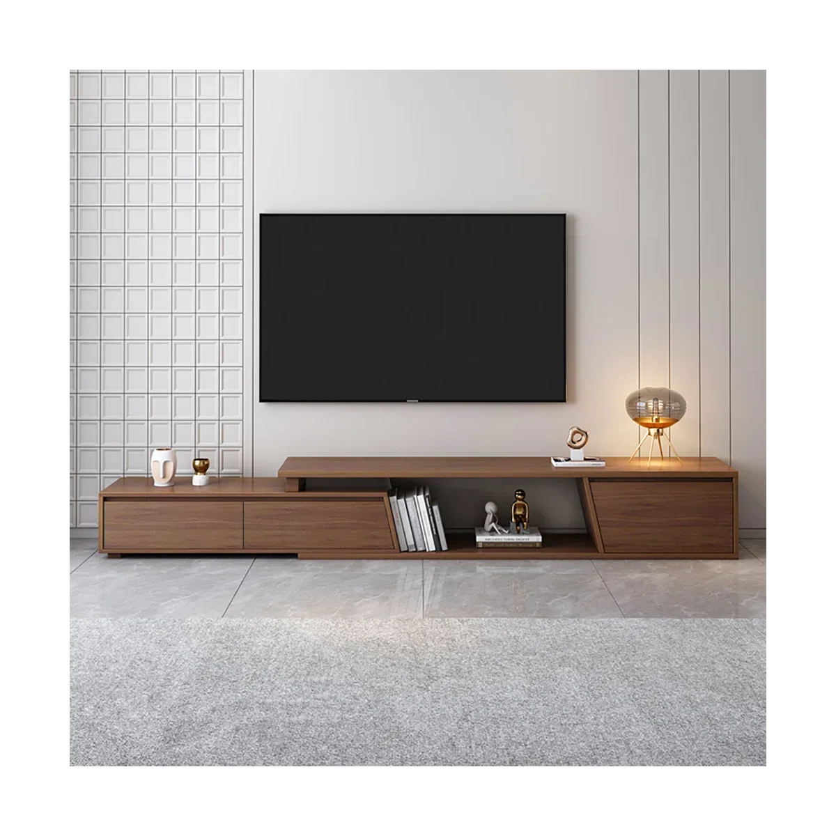 71"-110" Extendable TV Stand with 3 Drawers Freestanding Mid-Century Modern Style Premium Fits TVs Up to 110 Inches Open Storage Credenza