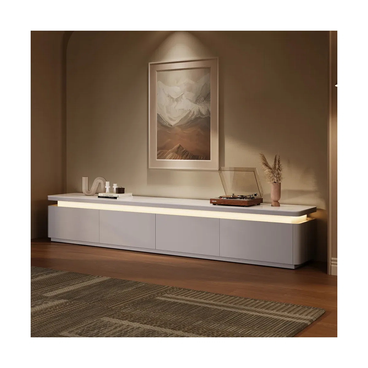 Modern TV Stand With Adjustable LED Lights, Sintered Stone Top, Fully Assembled
