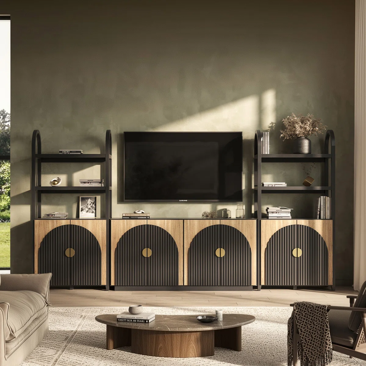 4-Piece Modular Arched TV Stand Entertainment Center Set, Mid Century Modern 2 Piece 72? Tall Storage Cabinets and 2 piece 65? Fluted TV Console for Living Room (Set of 4)