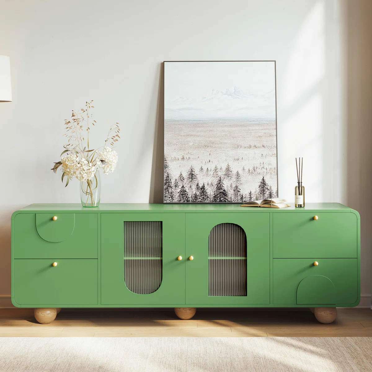 Modern TV Stand with Rounded Design, Solid Wood Ball Legs, 4 Drawers & Arched Cabinet Doors, Adjustable Shelves, Kid-Friendly Edges